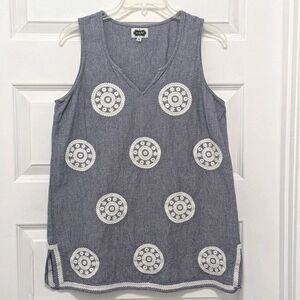 Mud Pie Shirt Womens Size Med Navy‎ Blue Sleeveless Cotton Embroidered Tunic